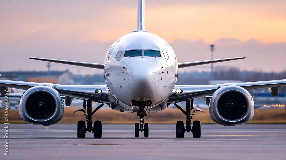 Poster Front view of a modern passenger airplane taxiing on the runway at sunset. The aircraft is predominantly white with visible engines and landing gear. : Generative AI