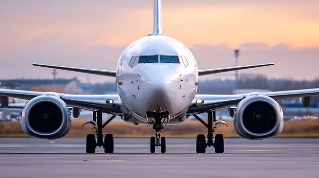 Front view of a modern passenger airplane taxiing on the runway at sunset. The aircraft is predominantly white with visible engines and landing gear. : Generative AI