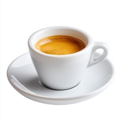 Fototapeta premium Small white espresso cup filled with coffee and golden crema, isolated on pure white background, no saucer, no shadow