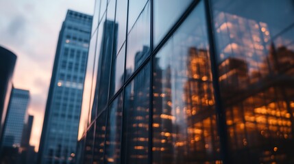 Reflective glass facade of a modern skyscraper at sunset, showcasing the city skyline and warm golden hues reflecting in the windows. : Generative AI