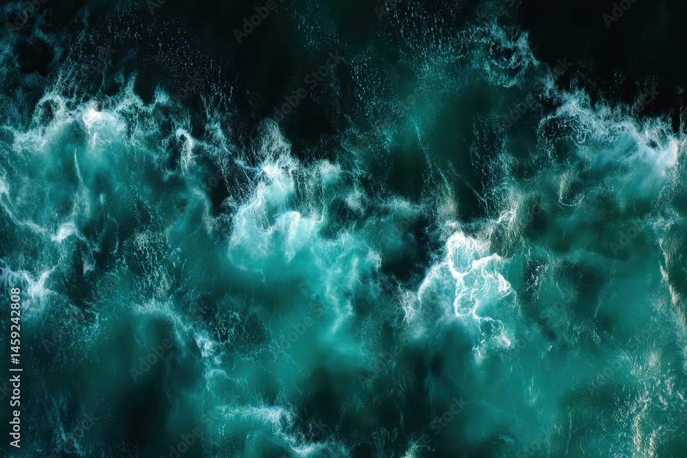 Poster turbulent ocean waves crash and swirl, creating dynamic patterns of white foam and deep blue-green w