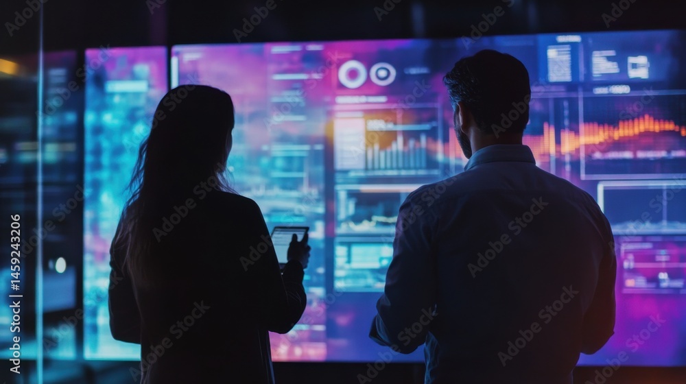 Poster data analysts reviewing real-time analytics dashboards in a modern office setting
