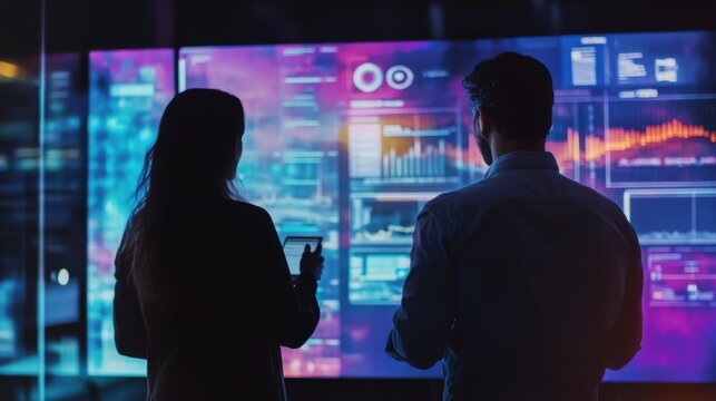 Data analysts reviewing real-time analytics dashboards in a modern office setting