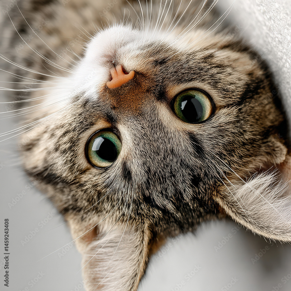 Poster closeup portrait of an adorable tabby cat hanging upside down showcasing its striking green eyes and