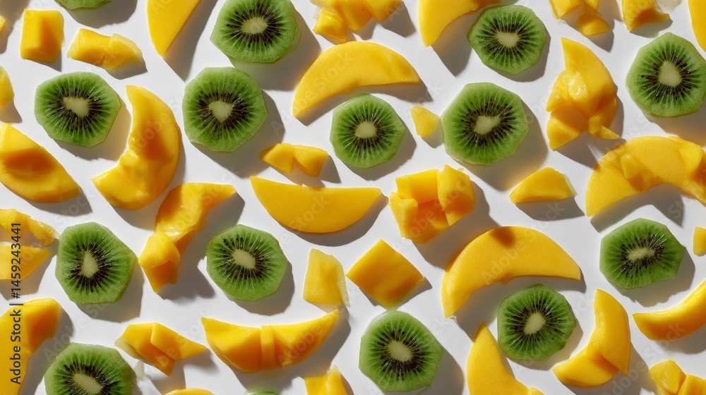 Aufkleber Artfully arranged slices of mango and kiwi create a colorful tropical fruit collage on a smooth background, providing a bold design with open space for text