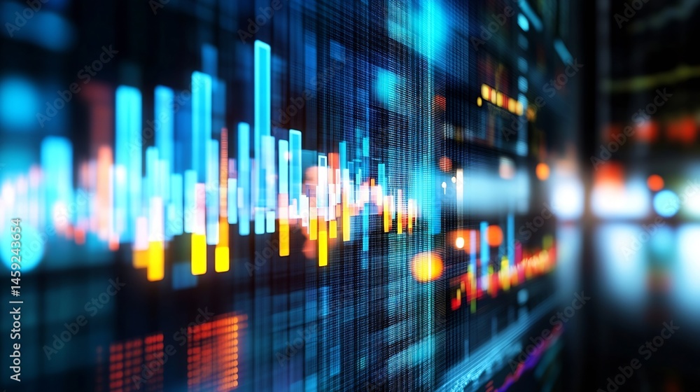 Poster Abstract digital data visualization showing dynamic financial charts and graphs with vibrant blue, orange, and red hues, ideal for technology, finance, and business concepts. : Generative AI