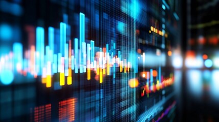 Abstract digital data visualization showing dynamic financial charts and graphs with vibrant blue, orange, and red hues, ideal for technology, finance, and business concepts. : Generative AI