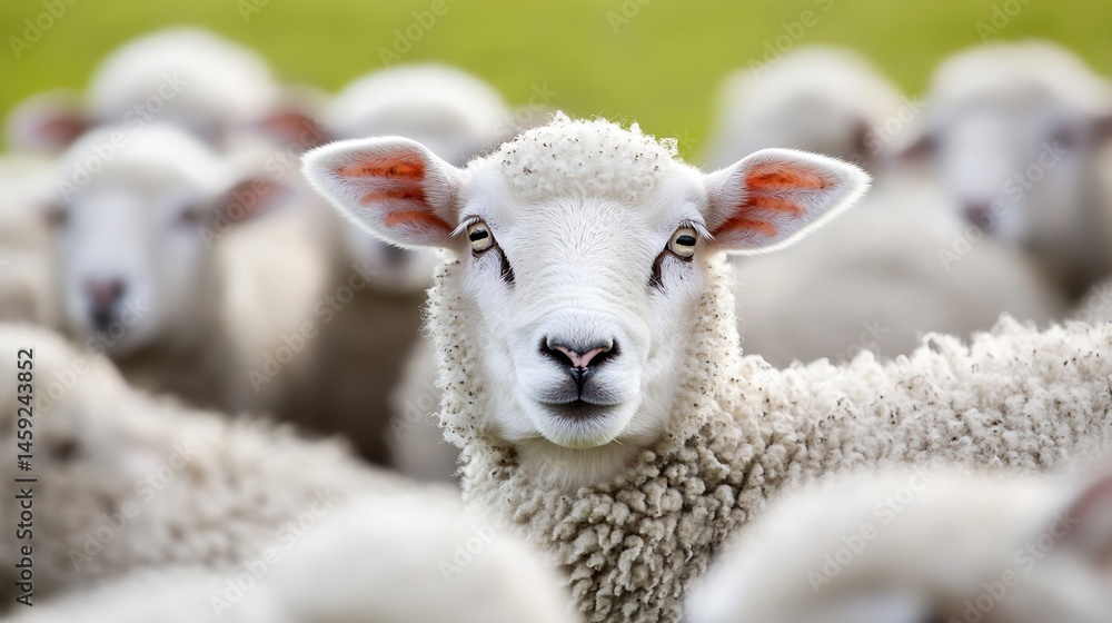 Poster close-up portrait of a single white sheep, looking directly at the camera, surrounded by a blurred f