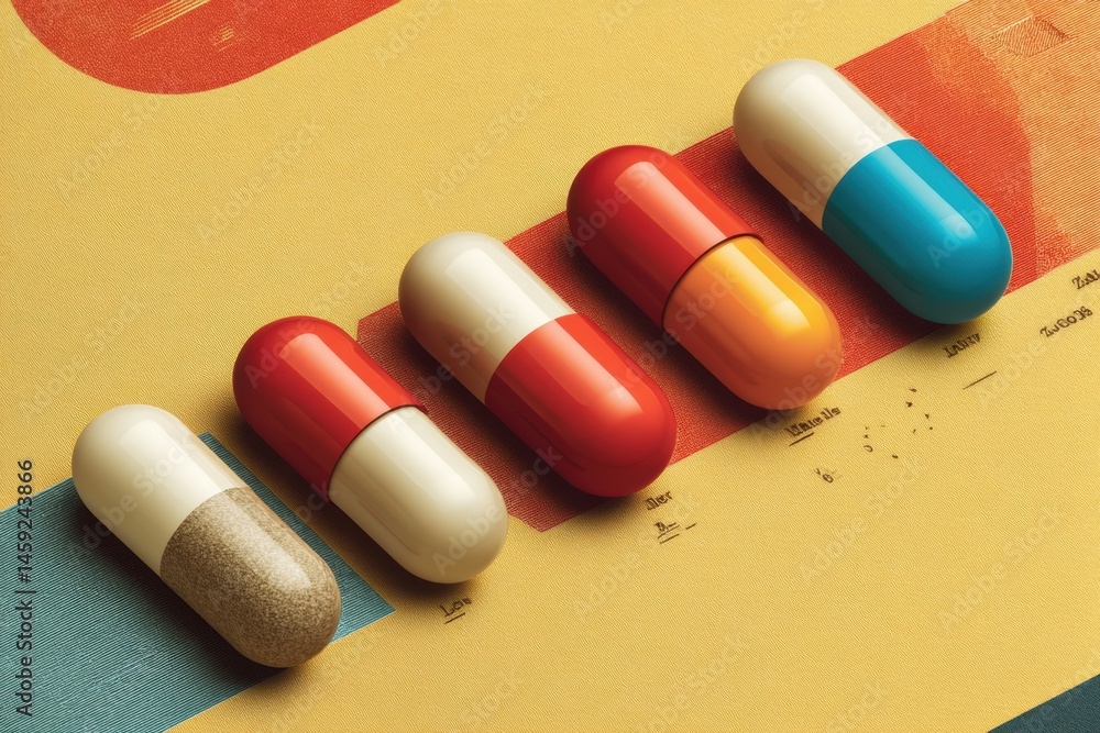 Poster creative retro medical poster featuring colorful pill layout on textured background generative ai