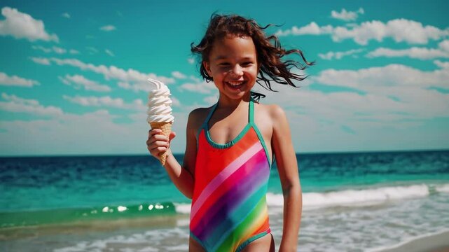 A young girl in a swimsuit holding a large ice cream cone on a sunny beach.