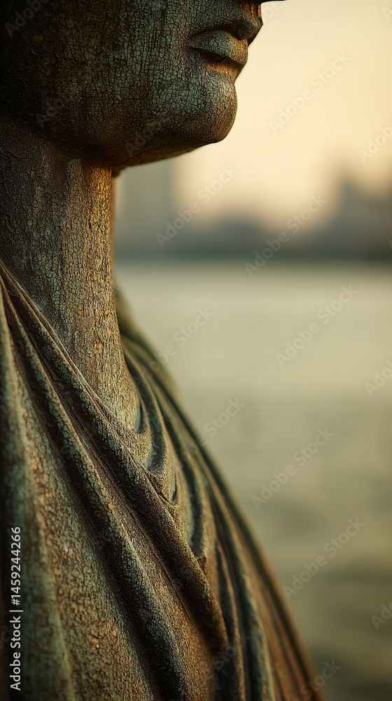 Aufkleber close-up of weathered bronze statue detail, showing textured surface and draped fabric. represents a