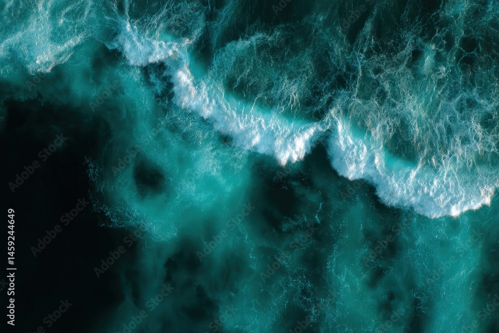 Poster aerial view of turquoise ocean waves crashing and creating white foam on the surface.