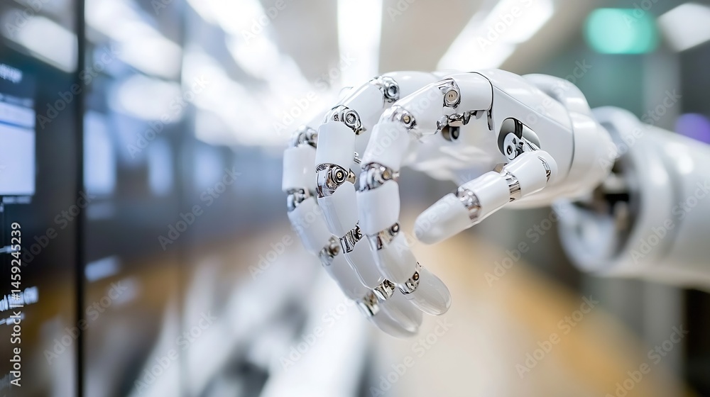 Poster Close-up of a robotic hand interacting with a digital screen, showcasing advanced technology and artificial intelligence in a modern setting. : Generative AI