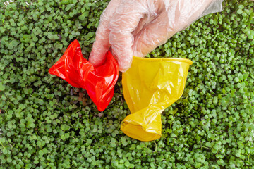 Hand holding two crumpled plastic cups on The background is filled with small, green sprouts. Plastic waste against a background of green plants - environmental pollution. Garbage collection process