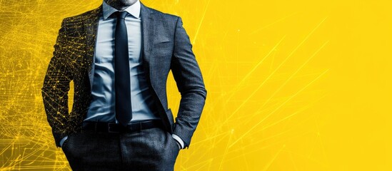 Businessman in a suit,  with overlay of digital network