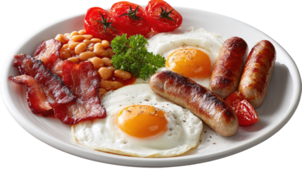 Hearty Full English Breakfast: A delicious and hearty full English breakfast featuring fried eggs, bacon, sausages, baked beans, and grilled tomatoes.