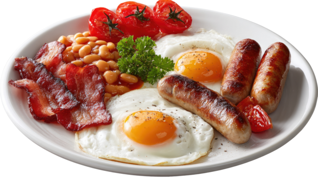 Hearty Full English Breakfast: A delicious and hearty full English breakfast featuring fried eggs, bacon, sausages, baked beans, and grilled tomatoes.