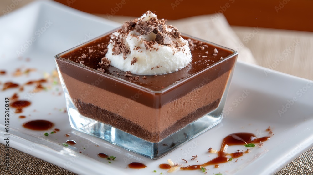 Poster Close-up view of a small dessert portion showing rich layers of cream and cocoa dust, elegantly placed on a smooth plate with ample copy space