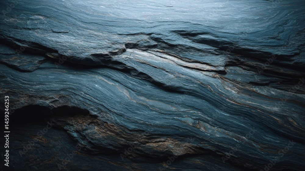 Leinwandbilder Detail of a polished marble slab shows striking charcoal veins and white streaks, illuminated to enhance its fluid-art appearance, with space for text on the left