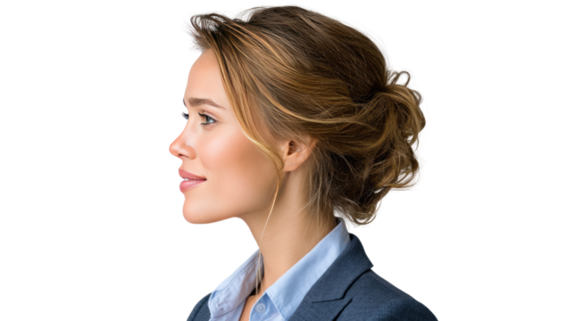 Elegant Profile: A poised young woman in a professional suit, gazing thoughtfully into the distance, embodying sophistication and serenity.
