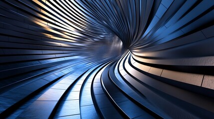 Abstract swirling metallic tunnel, dark blue and gold hues, futuristic architecture, seamless loop, 3d render, digital art, modern design, technology background, elegant, glossy, curve : Generative AI