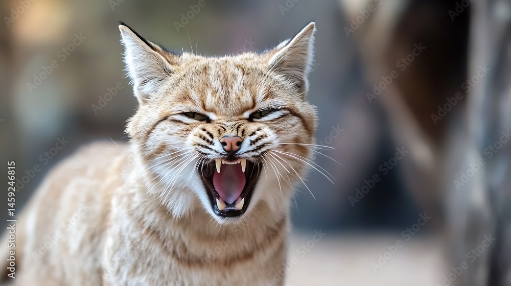 Poster close-up portrait of a snarling bobcat, its teeth bared in a fierce expression, set against a blurre