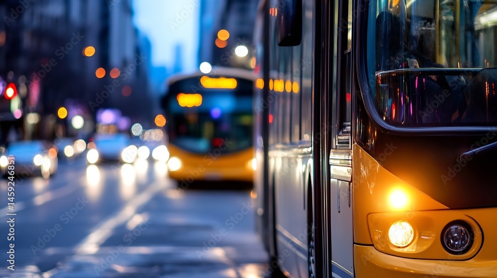 Poster city bus at night, stopped at a bus stop, with blurred city lights and traffic in the background. th