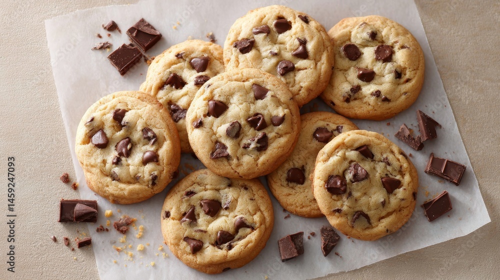 Poster cluster of gooey cookies featuring melty chocolate chips scattered on parchment paper, with crumbs a