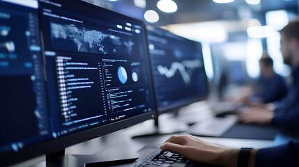 A programmer's hands actively type on a keyboard, focused on a computer screen displaying complex data visualizations, including a world map and code, in a modern office setting. : Generative AI