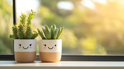 Cheerful Cactus and Succulent Buddies in Playful Pots on Windowsill Indoor Plant Friendship in Warm Minimal Setting