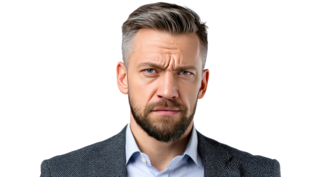 Deep in Thought: A close-up portrait captures a man in a moment of introspection, a furrowed brow and intense gaze revealing a world of contemplation and internal focus.