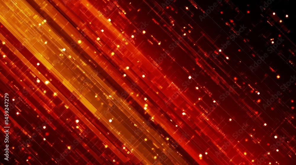 Aufkleber Dynamic diagonal stream of digital embers and glowing code lines traverses dark red background, providing ample space for text and additional design elements