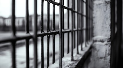 Close-up view of a weathered black metal grid fence, showing detail of the rusted bars against a blurred urban backdrop.  The image evokes feelings of confinement and urban decay. : Generative AI