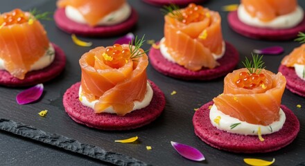 Smoked Salmon Gravlax Roses on Beet Blinis with Pearl Roe