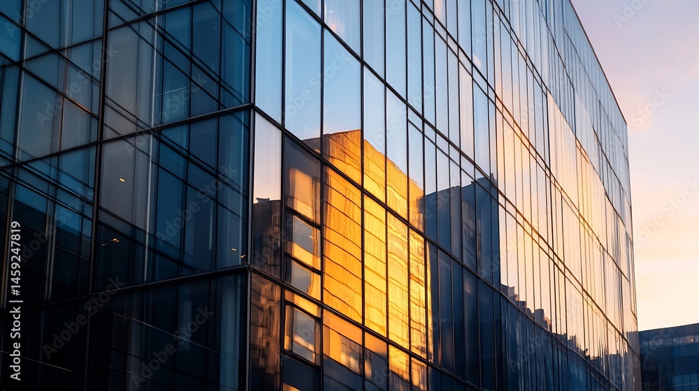 Poster Sunset reflection on a modern glass building facade, showcasing a grid of windows and the warm golden hues of the evening light illuminating the cityscape. : Generative AI