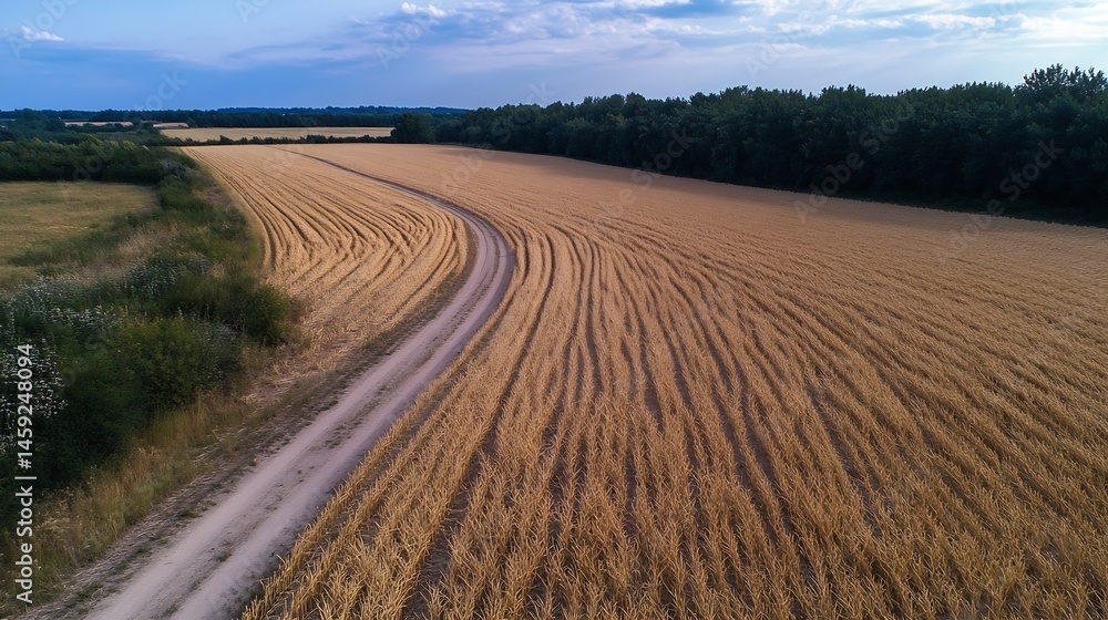 Poster Aerial view of a dirt road winding through a harvested wheat field, bordered by a lush green forest under a partly cloudy sky. : Generative AI