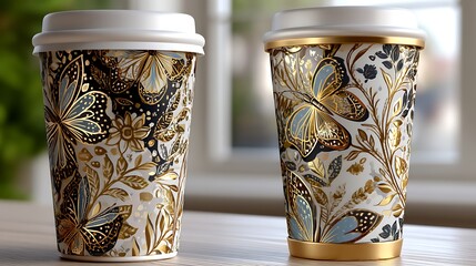 Elegant Gold Black Butterfly Floral Design on Disposable Coffee Cups