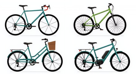Collection of Four Stylish Bicycle Designs: Road, Hybrid, City, and Electric Bikes