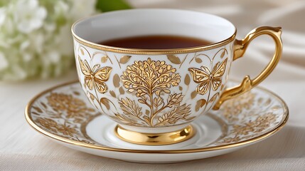 Elegant Gold White Porcelain Teacup Set Butterfly Floral Design Tea Time Luxury