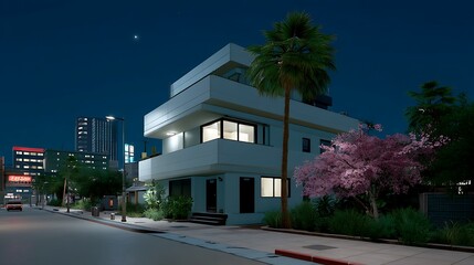 Fototapeta premium Night City Modern House with Palm Trees, and Urban Scene.