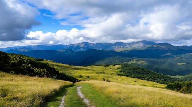 Serene mountain landscape with a grassy path winding through rolling hills under a partly cloudy sky, offering a tranquil and picturesque view. : Generative AI - Powered by Adobe