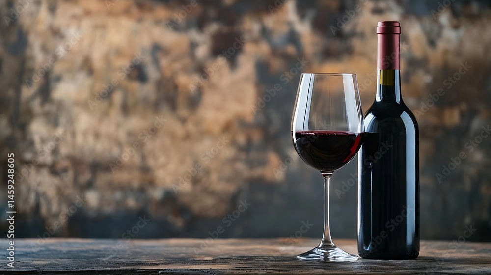 Poster a bottle of red wine sits next to a glass of red wine on a rustic wooden table against a blurred bac