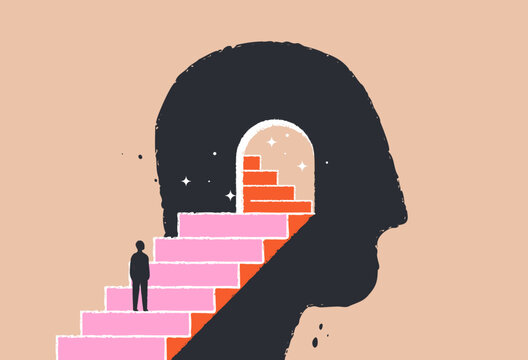 Psychology, philosophy, therapy concept. Abstract illustration of a human head with stairs, door inside. Finding yourself, self improvement, personal growth. Mental health, human mind. Isolated vector