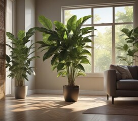Lush rubber plant in sunlit living room, large leaves ,  interior styling,  sunlight