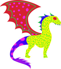 Fototapeta premium Fantasy Animals character with yellow-green skin ,big wings and a big colorful tail with spots, illustration isolated on transparent background. This animal looks like a horse like a dragon ...