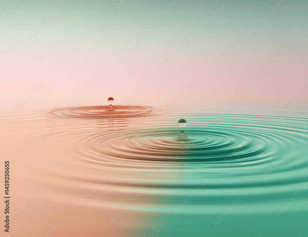 Poster Two water droplets falling into calm water, creating concentric ripples.  Peach and teal color gradient reflecting serenity and tranquility.