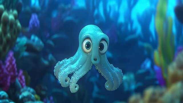 A cute, cartoon octopus swims amidst vibrant coral reefs.  Its large eyes and expressive face add charm