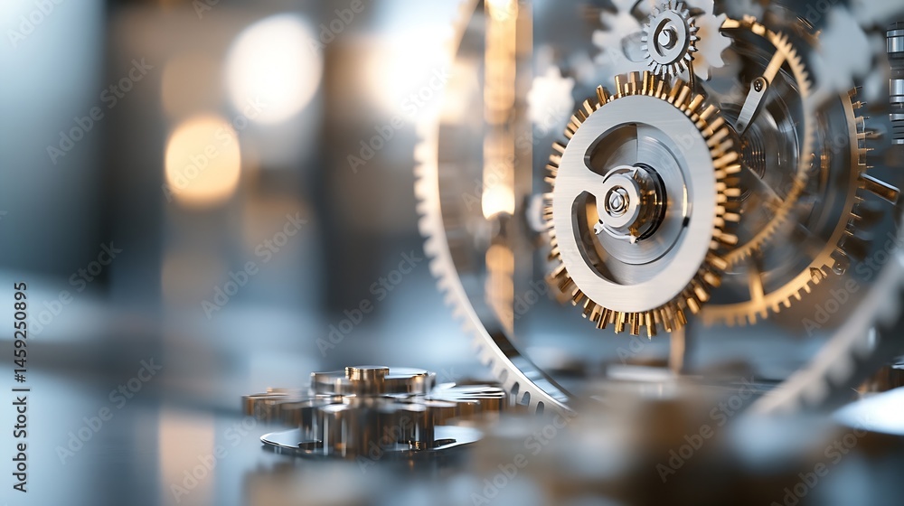 Poster Close-up view of intricate metallic gears, showcasing precision engineering and complex mechanics.  The image highlights the detailed craftsmanship and interconnectivity of the gear sy : Generative AI