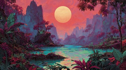 Dreamlike landscape with water mountains foliage and sun in pink purple and blue.