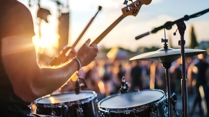 A musician plays bass guitar during an outdoor concert at sunset, drums and cymbals visible, crowd blurred in background. : Generative AI